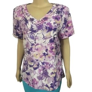 Alfred Dunner Women's Blouse Size 16 Purple Floral Print V-neck Breathable